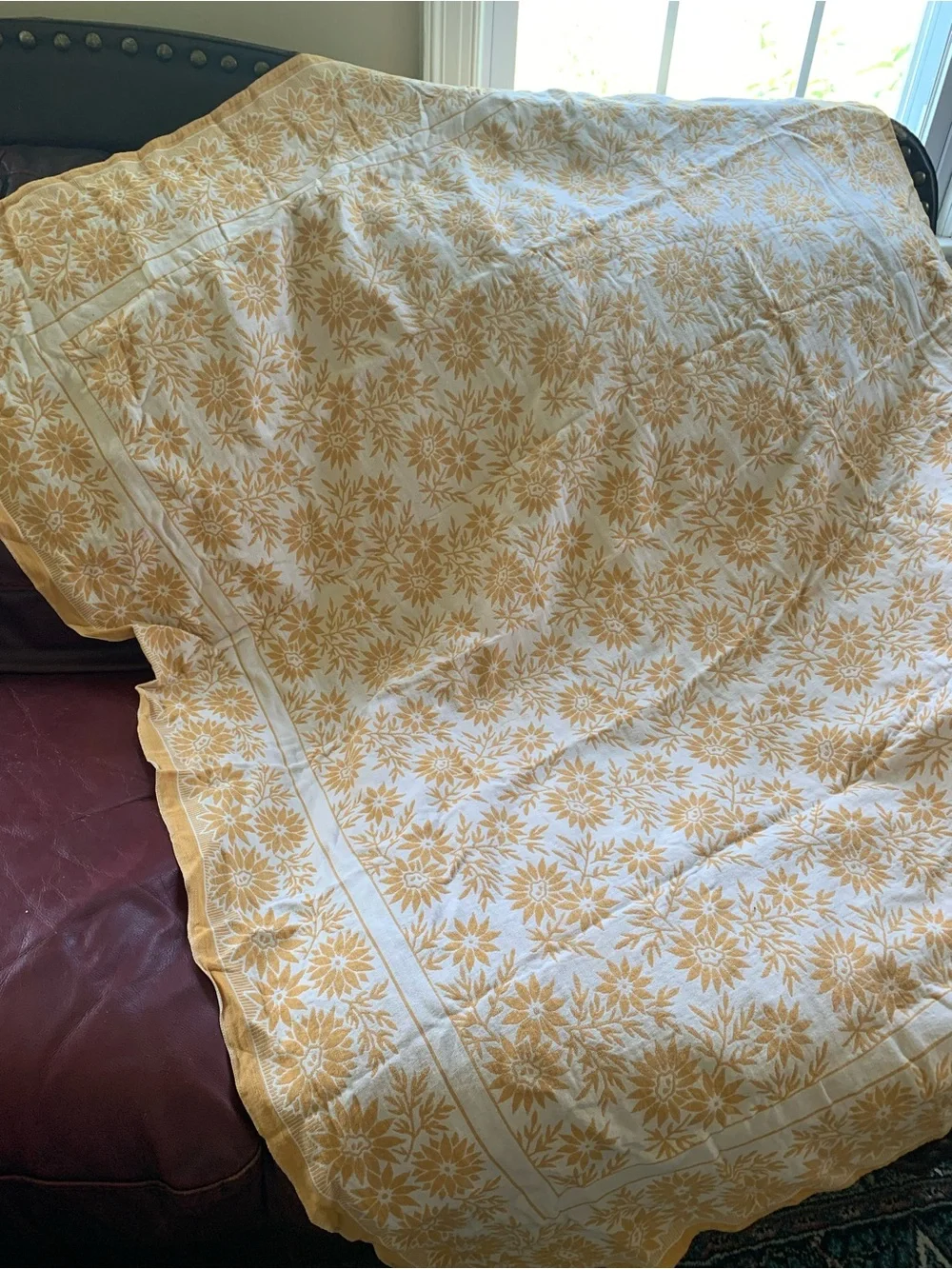 Vintage Yellow Floral Block Print Cotton Tablecloth Throw 55”x47”